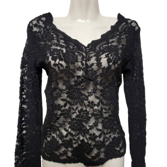 Black Lace Mesh See Through Top Long Sleeve Lace Blouse Size S/M - Picture 2 of 13